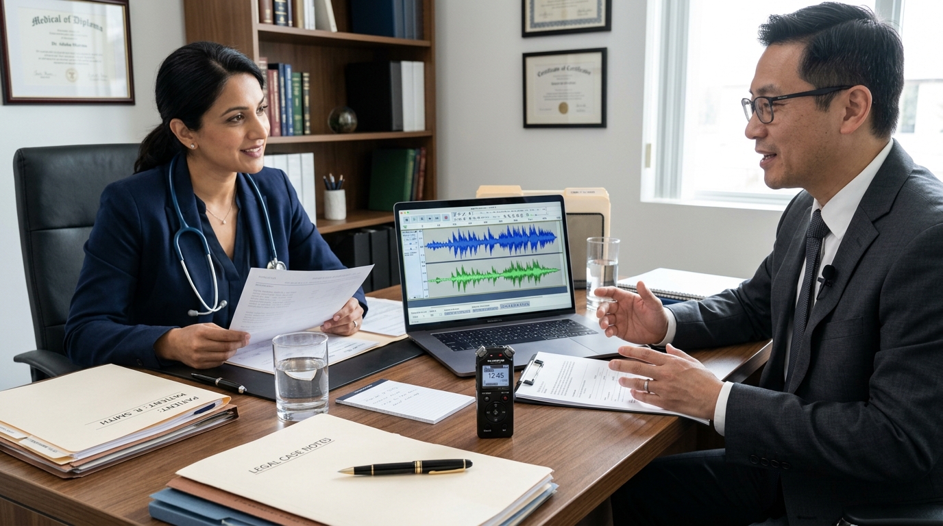 Espace de travail professionnel d'un avocat et d'un médecin utilisant un enregistreur numérique pour transcription de dictée