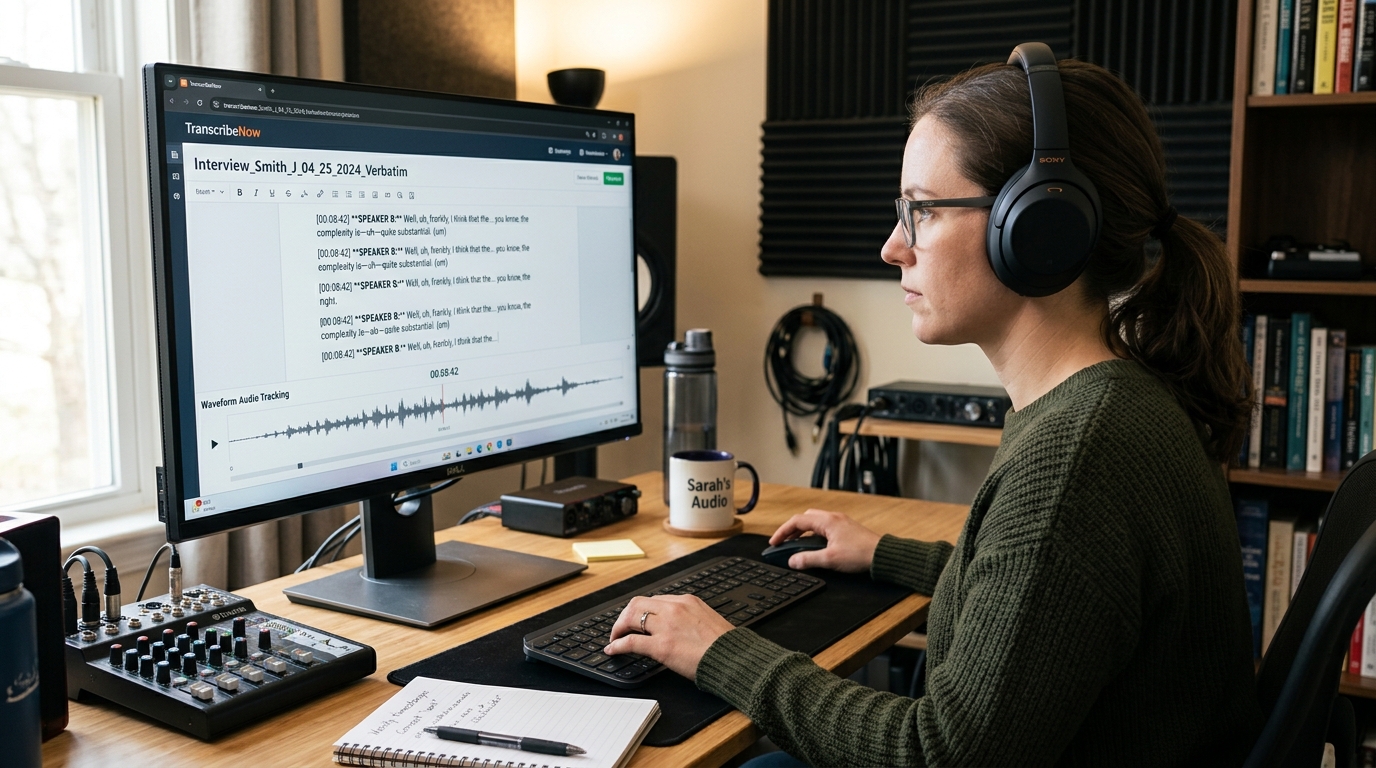 Relectrice humaine professionnelle ajustant une retranscription d'entretien au casque