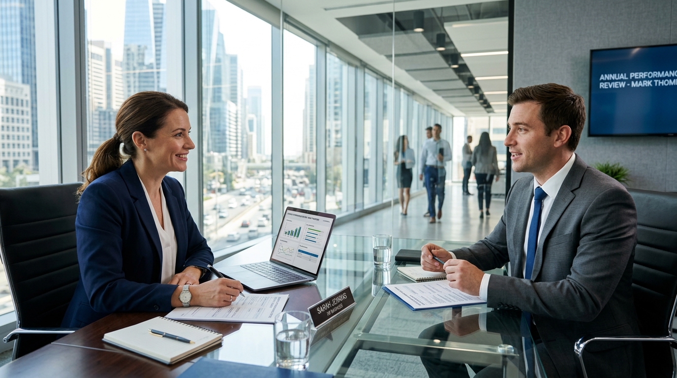 Responsable RH menant un entretien d'évaluation et bilan professionnel en entreprise
