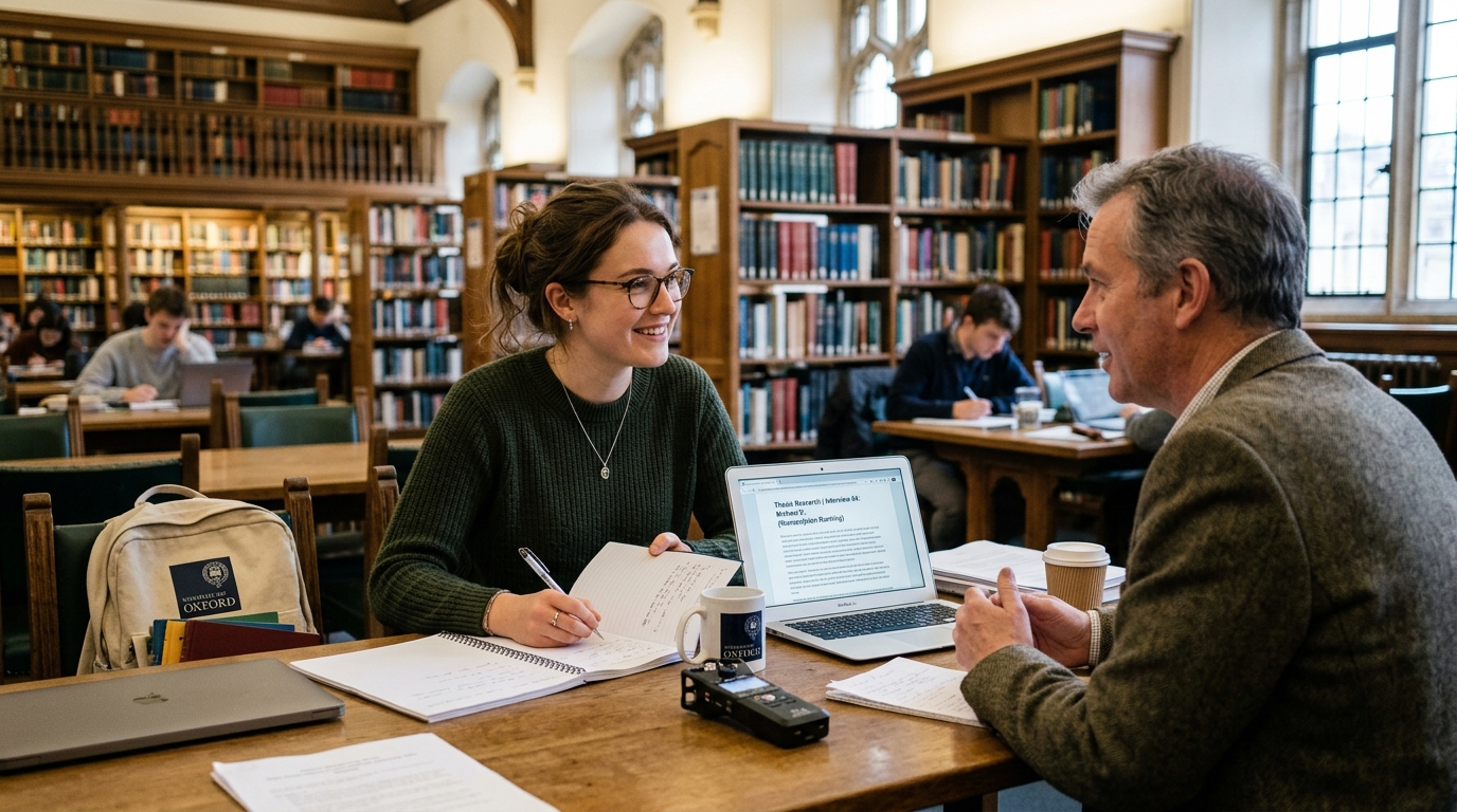 Étudiante universitaire préparant la retranscription de ses entretiens de mémoire en bibliothèque