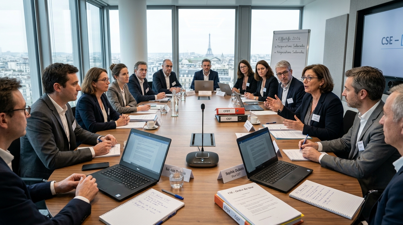 Séance plénière d'un Comité Social et Économique en entreprise avec micro d'enregistrement sur la table de réunion