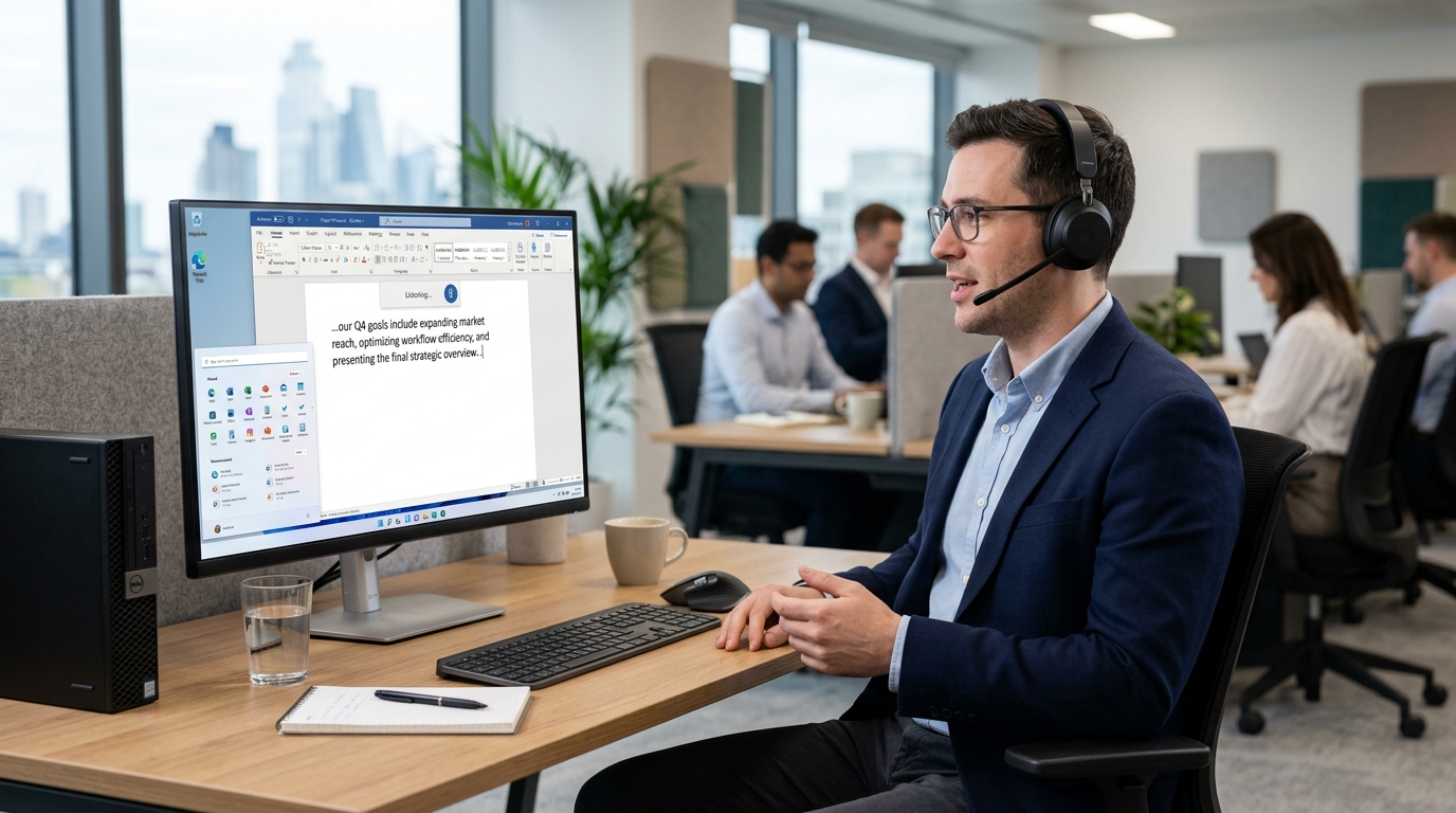 Utilisateur effectuant une saisie vocale avec casque microphone sur PC Windows 11
