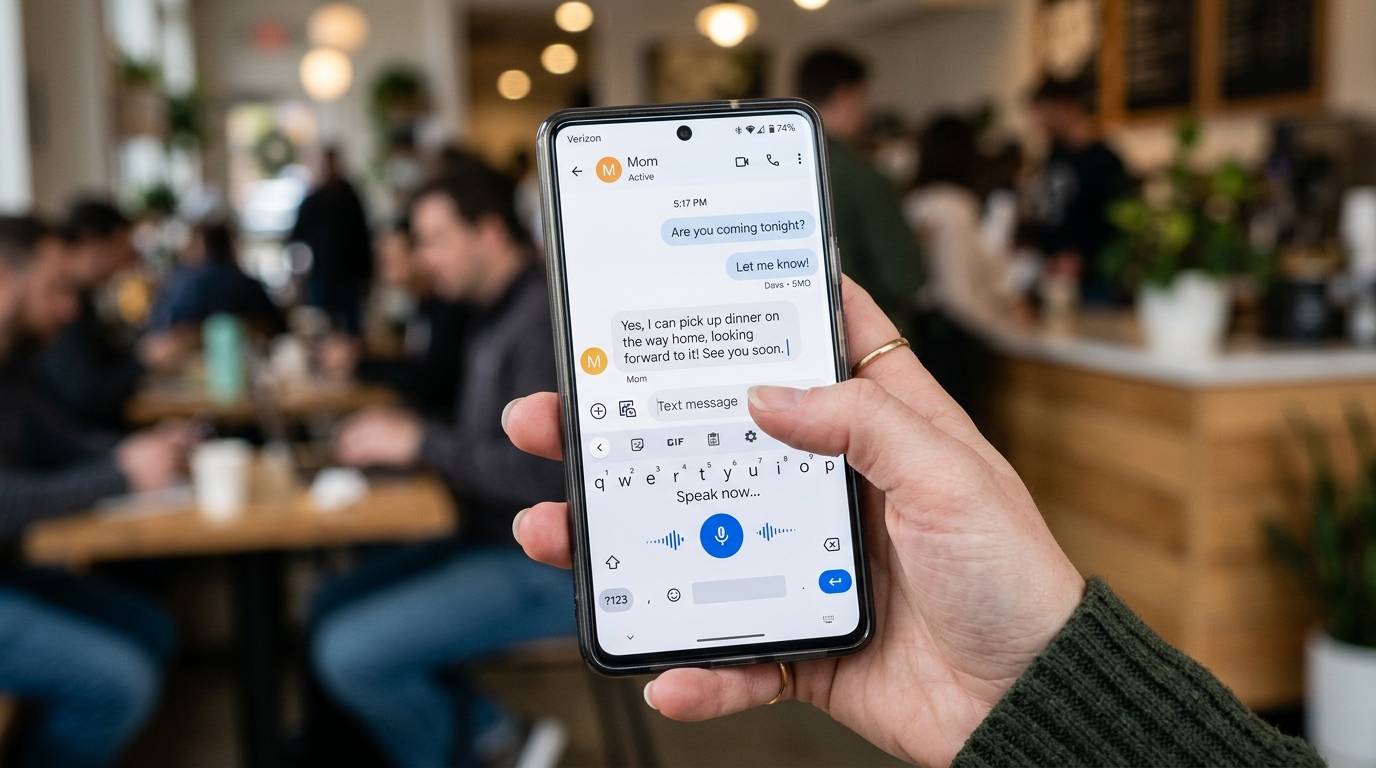 Main tenant un smartphone avec clavier vocal et dictée de message en direct